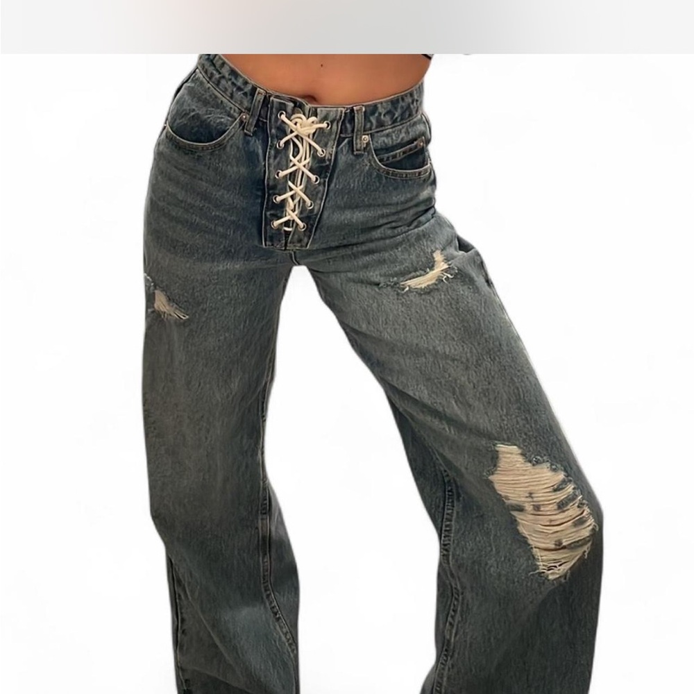 Oh Polly Blue Distressed Lace-Up Jeans